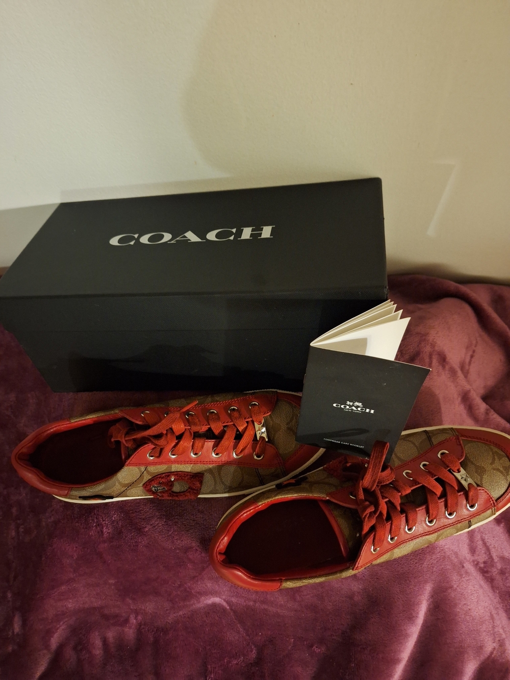Coach Brown Monogram Sneakers with Red Leather Accents - Picture 5 of 7